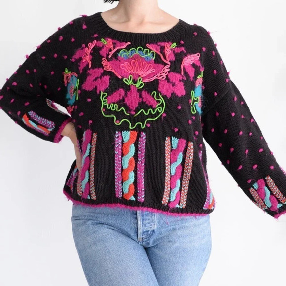 Vintage Black Knit with Neon Floral Yarn Design Crewneck Crop Sweater M - Picture 1 of 13
